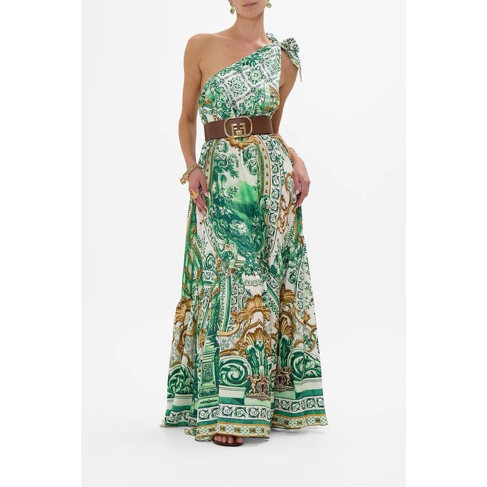 NWT Camilla Corridor Of Calm Green Silk One Shoulder Tie Maxi Dress sz M L - Picture 8 of 15